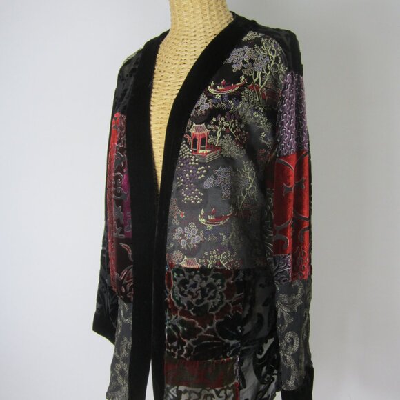 Chicos 2 Women Large Multicolor Silk Asian Accent Cardigan Purple Black Velvet - Picture 2 of 12